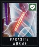 Parasite Worms card with elongated red-orange worms and a green shield/check